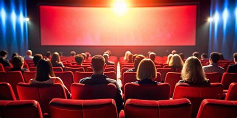 Cinema blank screen and people in red chairs in the cinema hall blurred ...