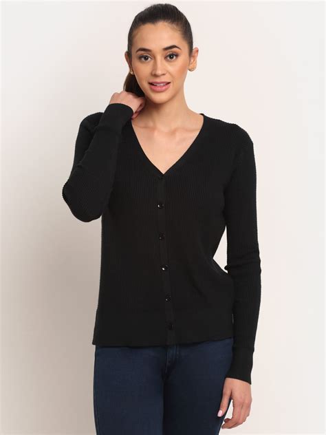 Women Black Knitted V-Neck Regular Fit Cardigan