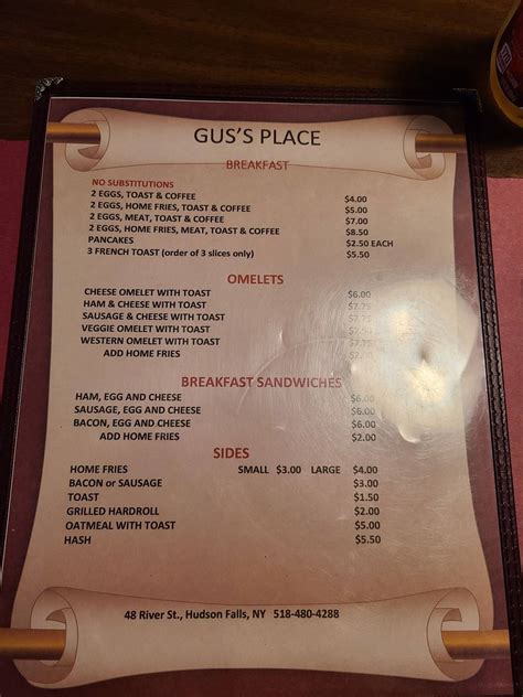 Menu at Gus's Place restaurant, Hudson Falls