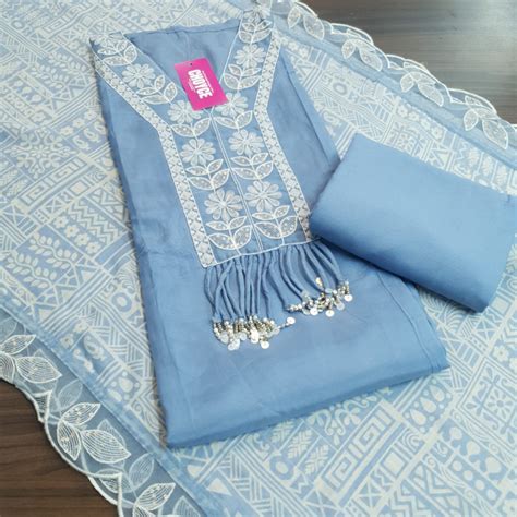 Set 43-31st May - Powder Blue Muslin Kurta - Designer Embroidery Lace ...