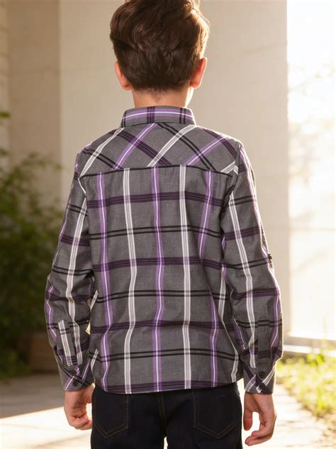 Boys Grey Purple Check Cotton Shirt Full Sleeve | Double Pocket Tabs ...
