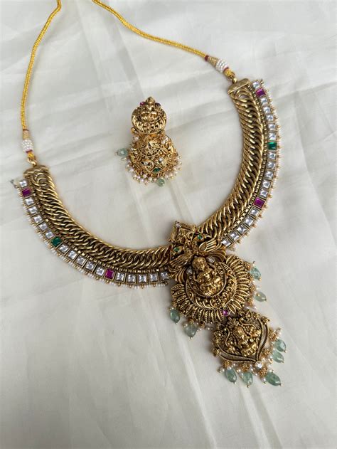Multi green beads double Lakshmi Devi jalebi neckset ns003 ...