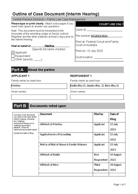 Caseoutline - Complete Assessment - Outline of Case Document (Interim Hearing) Central Practice ...