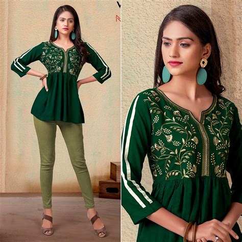 Bottle Green Casual Wear Floral Embroidered Rayon Top