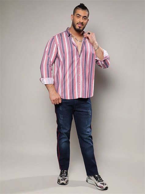 Plus Size Men's Blush Pink & Dark Grey Faded Barcode Striped Shirt (3XL ...