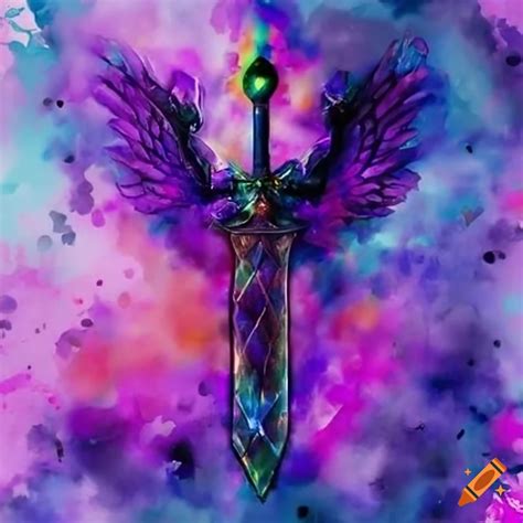Winged angelic crystal sword of saint michael dark purple glow on Craiyon