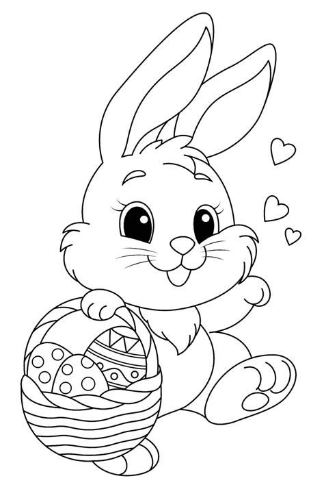 Happy bunny walking with a basket of eggs coloring page | Bunny ...