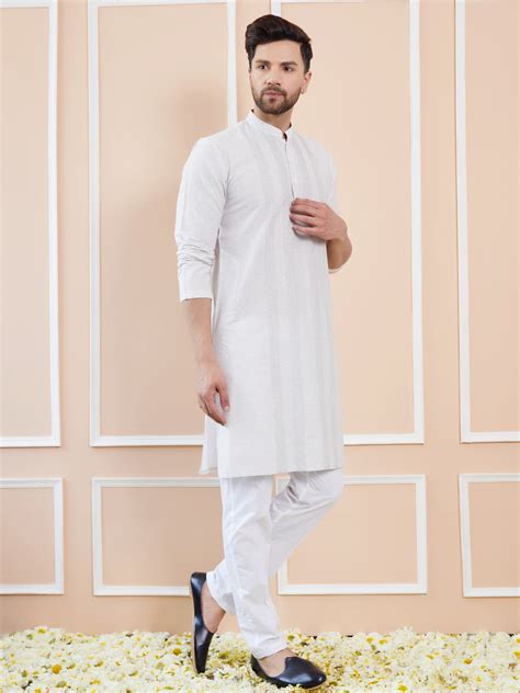 Men Off White Pintex Worked Cotton Silk Straight Kurta With Pyjama ...