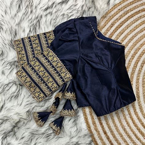 Navy Blue Kilmora Silk Blouse with Handcrafted Embroidery an