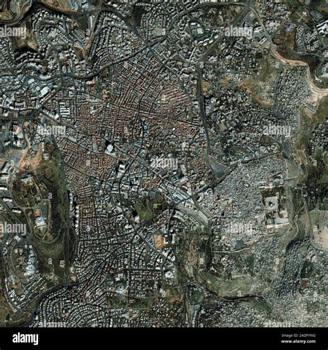 Jerusalem. Satellite image of Jerusalem, capital city of Israel. North is at top. Jerusalem is ...