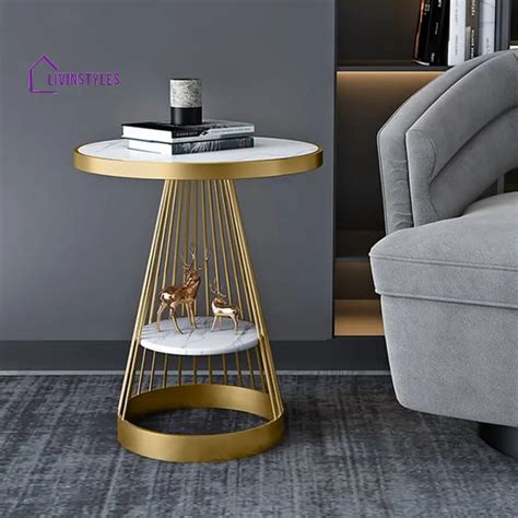 Buy Cheyenne Modern End Table with Storage Marble Top & Metal Frame ...