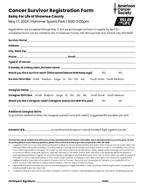Fillable Online American Cancer Society to host 32nd annual Relay For ...