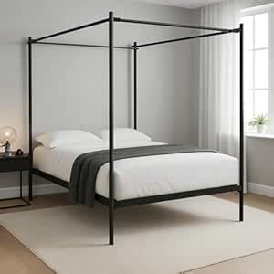 WOODEN HOME Black Metal Queen Canopy Bed Frame with Minimalist Four ...