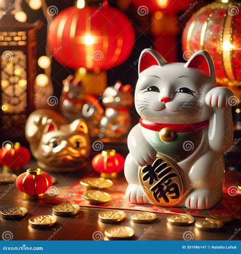 Traditional Chinese Lucky Cat Made of Porcelain with One Paw Raised Stock Illustration ...
