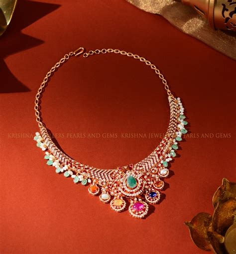 Diamond Necklace Featuring Navaratna Stones and Emerald Beads – Krishna ...