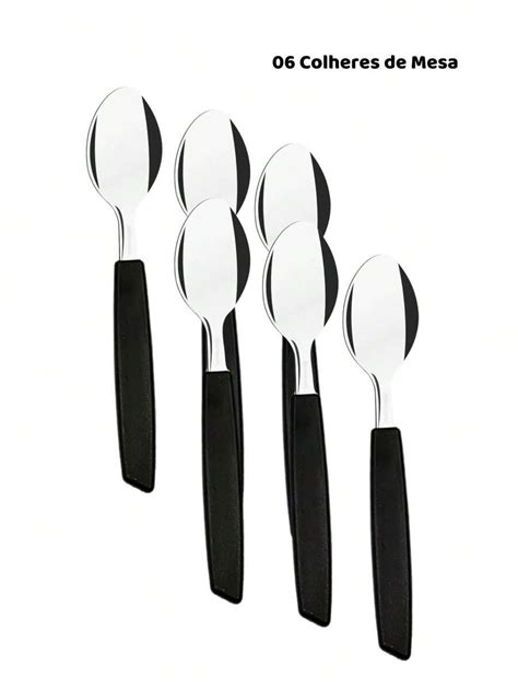 Jogo talher 25 peças Inox com Cabo Plástico Preto Colher Garfo Faca de ...