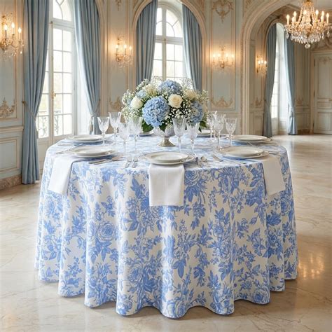 French Toile 132" Round Tablecloth - Baby Blue - CV Linens™