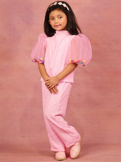 Pink Textured Co-Ord Set for Girls - Puff Sleeves & Pom-Pom | Little ...