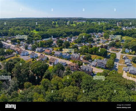Albion historic village center aerial view in summer on Main Street at ...
