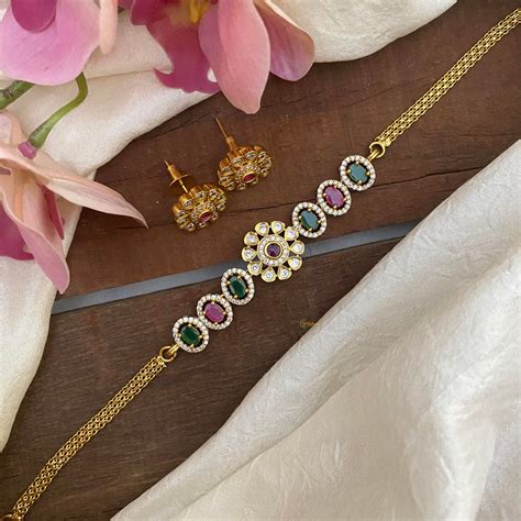 Designer AD Stone Floral Choker-Red Green-G12901 – vrikshamindia