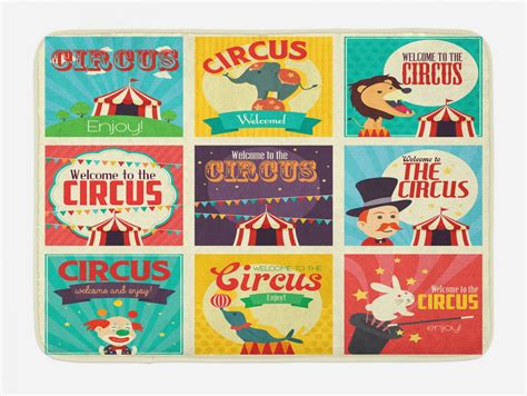 Circus Bath Mat, Collection of Old Circus Icons Carnival Magicians Old ...