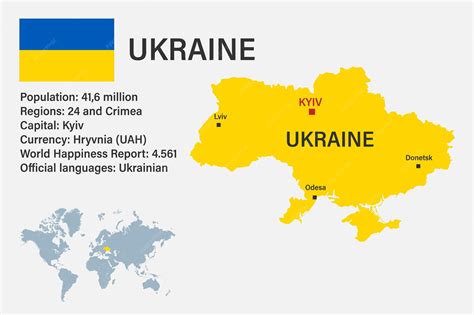 Premium Vector | Highly detailed Ukraine map with flag capital and small map of the world