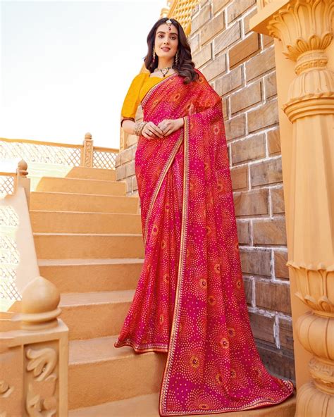 Vishal Prints Pinkish Red Printed Chiffon Bandhani Print Saree With Fa