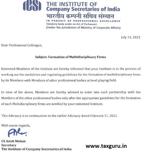 ICSI Advisory on Formation of Multidisciplinary Firms