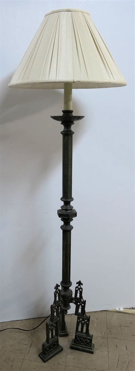 Lot Detail - Heavy Bronze Gothic Style Floor Lamp - Pleated Off White ...