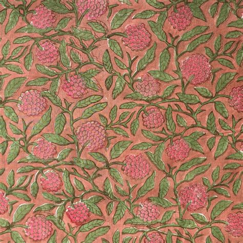 Pure Mul Cotton Jaipuri Peach With Pink Fruit Jaal Hand Block Print Fa ...