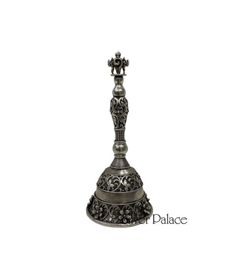 Pure Oxidised Silver Bell For Pooja With Sangu Chakra Top - Silver Palace