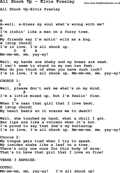 Song All Shook Up by Elvis Presley, song lyric for vocal performance ...
