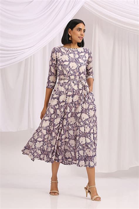 Afterglow Hand Block Printed Cotton Round Neck Dress For Women Online ...