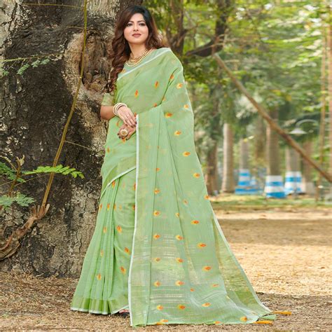 Green Embroidered Linen Saree With Tassels