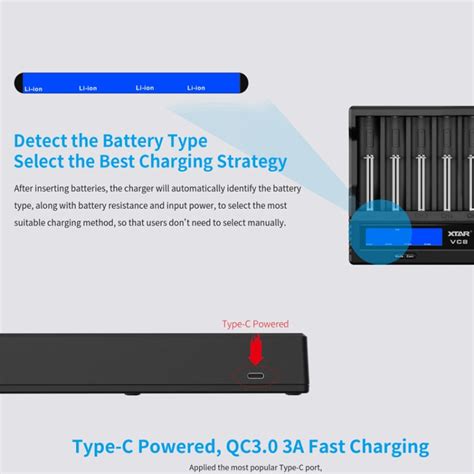 XTAR 8-Slot Battery Charger LCD Display Charger QC3.0 Type C Fast Char ...