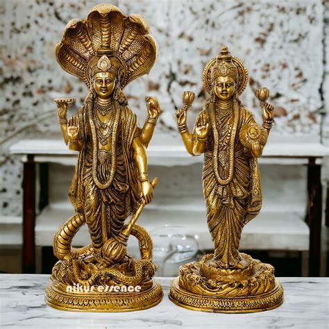 Brass Vishnu Laxmi Standing Deity Statue , 17 Inches Tall – Nikur Essence