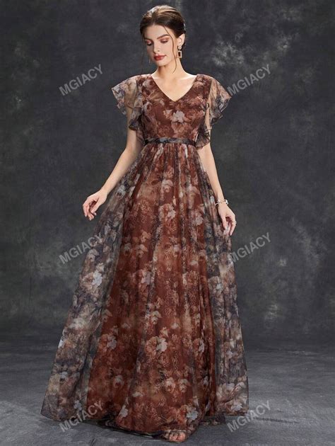 Women's Floral Print Butterfly Sleeve Full Length Dress Elegant Mother ...