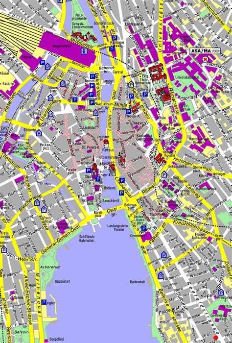 Detailed tourist map of Zurich city center. Zurich city center detailed ...