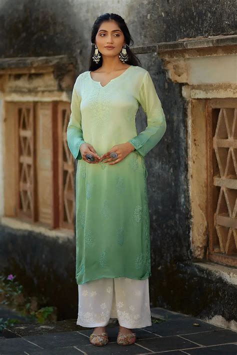 Green Ombre Straight Kurti With Chikankari Embroidery | Saadgi