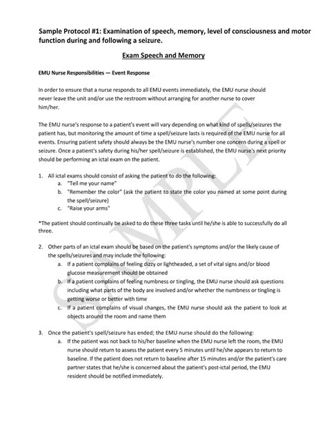 Fillable Online Sample Protocol #1: Examination of speech, memory ...