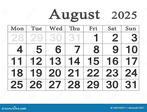 August 2025 Template, Calendar 2025 Design Vector, Planner Layout, Week ...