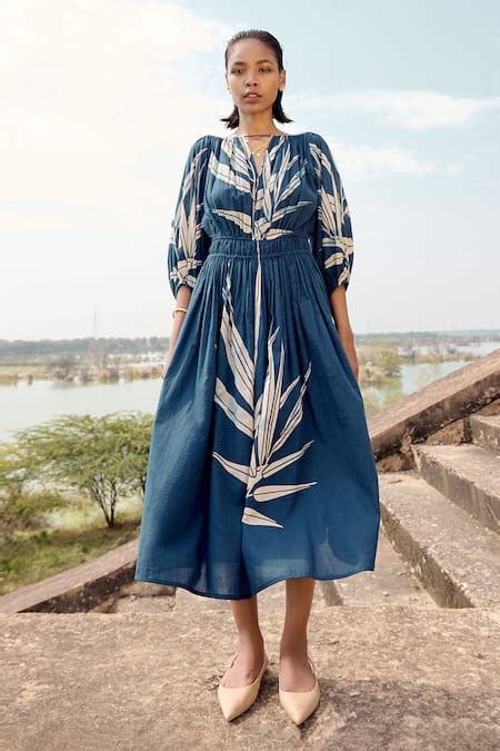 Buy Blue Cotton Keyhole Neck Lino Print Midi Dress For Women by ...