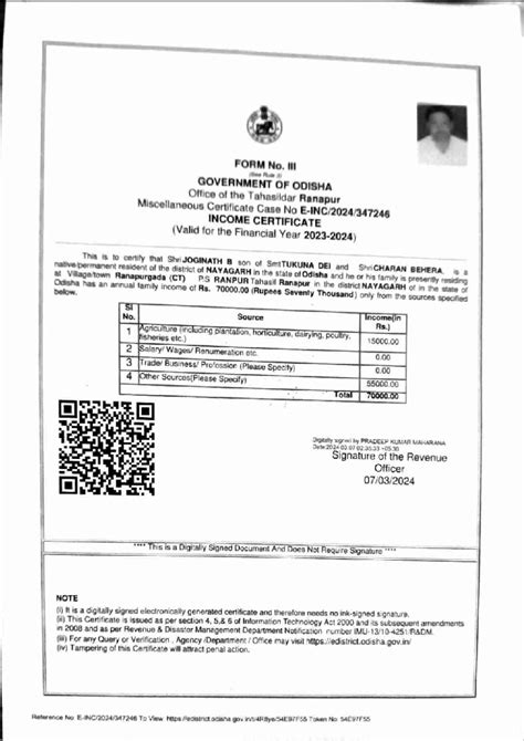 Income Certificate for Shri Joginath B - FY 2024 (Govt. of Odisha ...