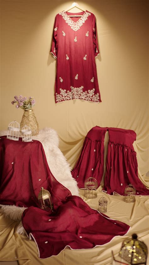 Embroidered kurti sharara set with dupatta – Prisachi Official