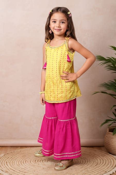 Buy Yellow Polyester Tassels, Gota Patti Strip Print Kurta With Sharara ...