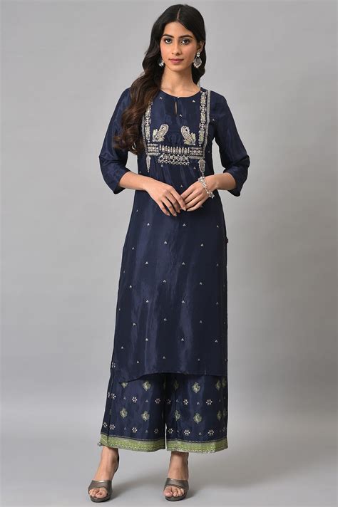 Buy Dark Blue Glitter Printed kurta With Parallel Pants @ 3299 | W for ...