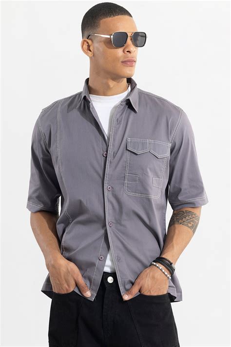 Buy Men's Double V Flap Grey Oversized Shirt Online | SNITCH