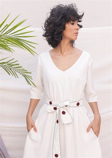 Flax Rayon and Cotton White Loose Dress with Printed Belts for Women