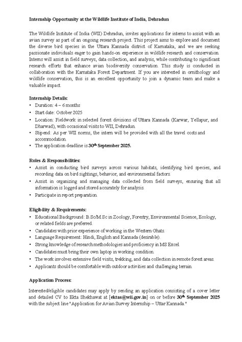Internship Opportunity: Avian Survey Internship at WII, Dehradun - Studocu
