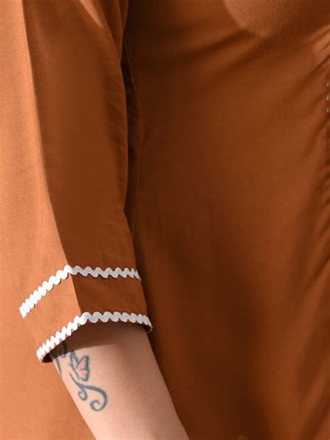 Terracotta Tone Rayon Midi Dress with Contrast Lace Detailing ...